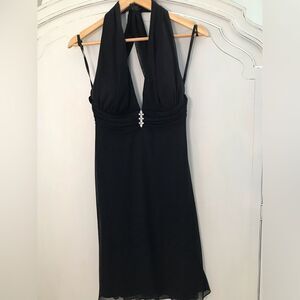 Betsy & Adam by Linda Bernell Black Halter Cocktail Dress Sz 10 Sheer Open Back